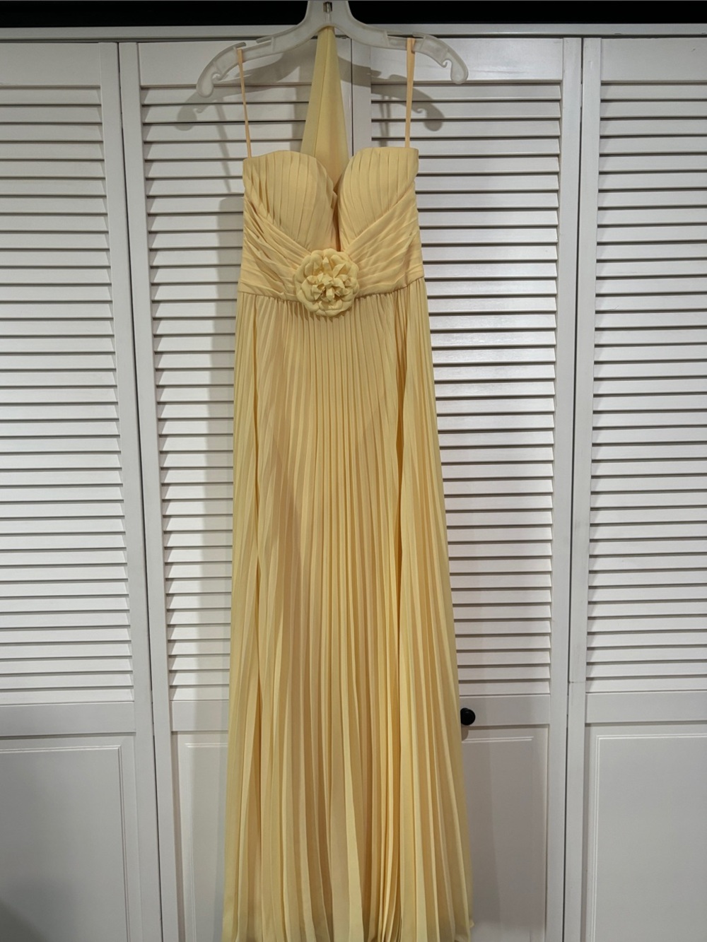 Bari Jay Pale Yellow Pleated Halter Maxi Dress with Floral Waist and shawl